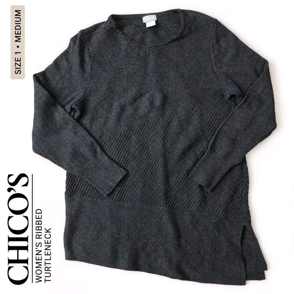 Chico's Women's Black Ribbed Turtleneck Sweater US Medium Size 1 Knit